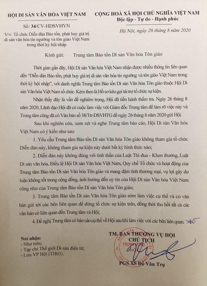 Công văn của Hội Di sản Văn hóa Việt Nam.