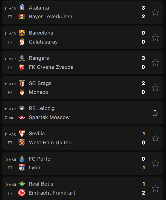 Kết quả lượt đi vòng 1/8 Europa League. Nguồn: Dân Trí.