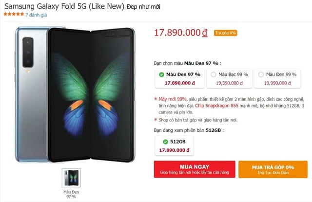 Galaxy Fold hàng qua sử dụng có giá khởi điểm từ 17,9 triệu đồng cho hàng 97%.  