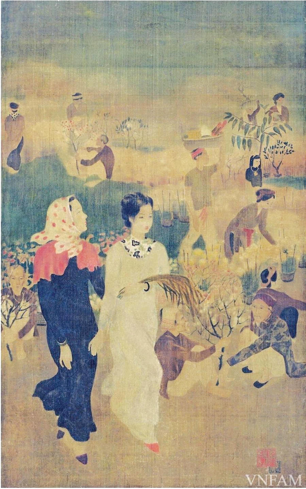 Tác phẩm “Đi chợ Tết” (lụa, 1940) của họa sĩ Nguyễn Tiến Chung. Sưu tập Bảo tàng Mỹ thuật Việt Nam.  