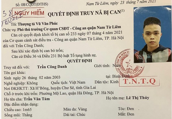 Lệnh truy nã đối tượng Trần Công Danh.
