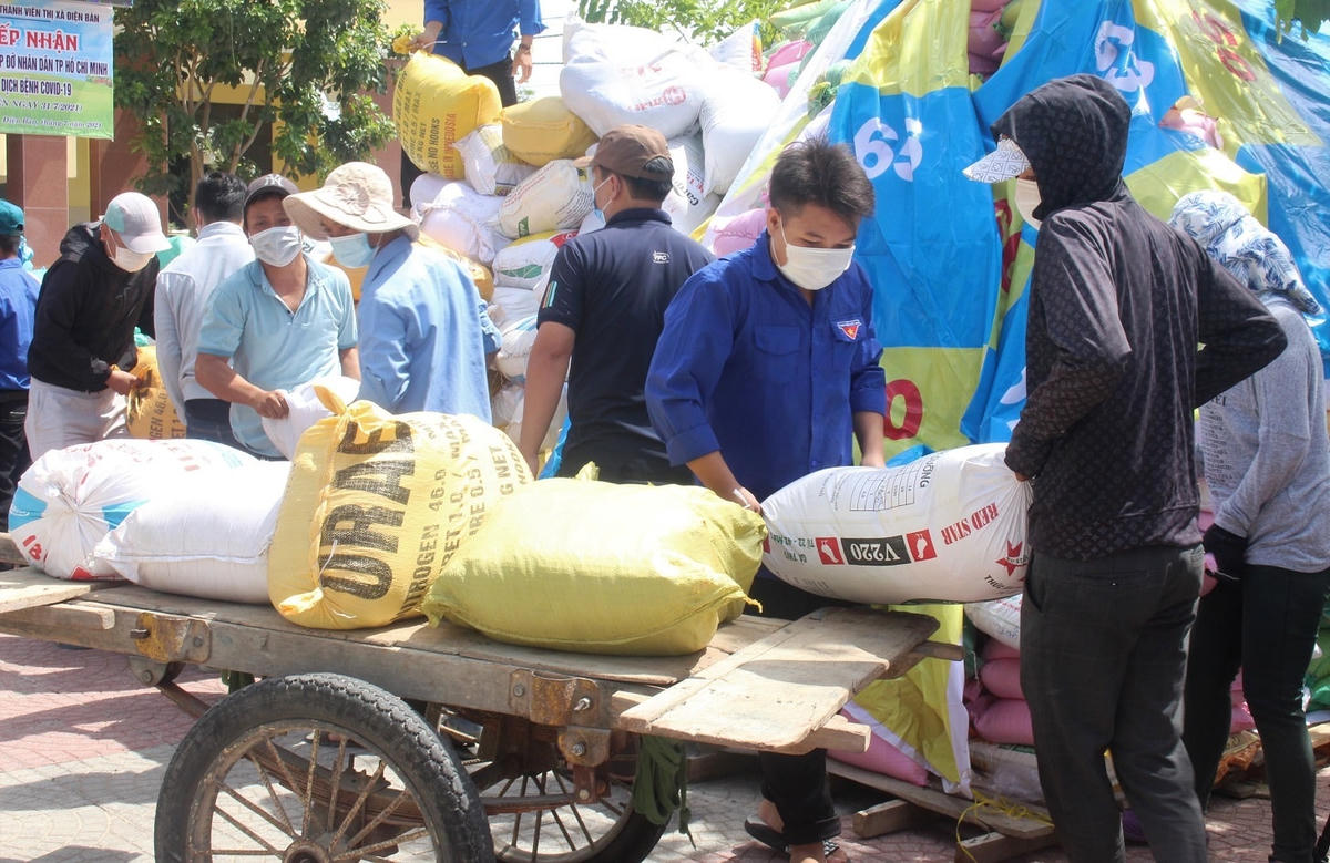 Đoàn thanh niên thị xã Điện Bàn đưa hàng hóa lên xe để vận chuyển vào TP HCM.