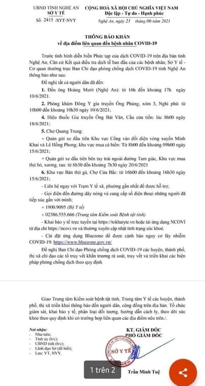 Nghệ An ra thông báo khẩn, truy tìm những địa điểm mà bệnh nhân mắc Covid-19 từng đến