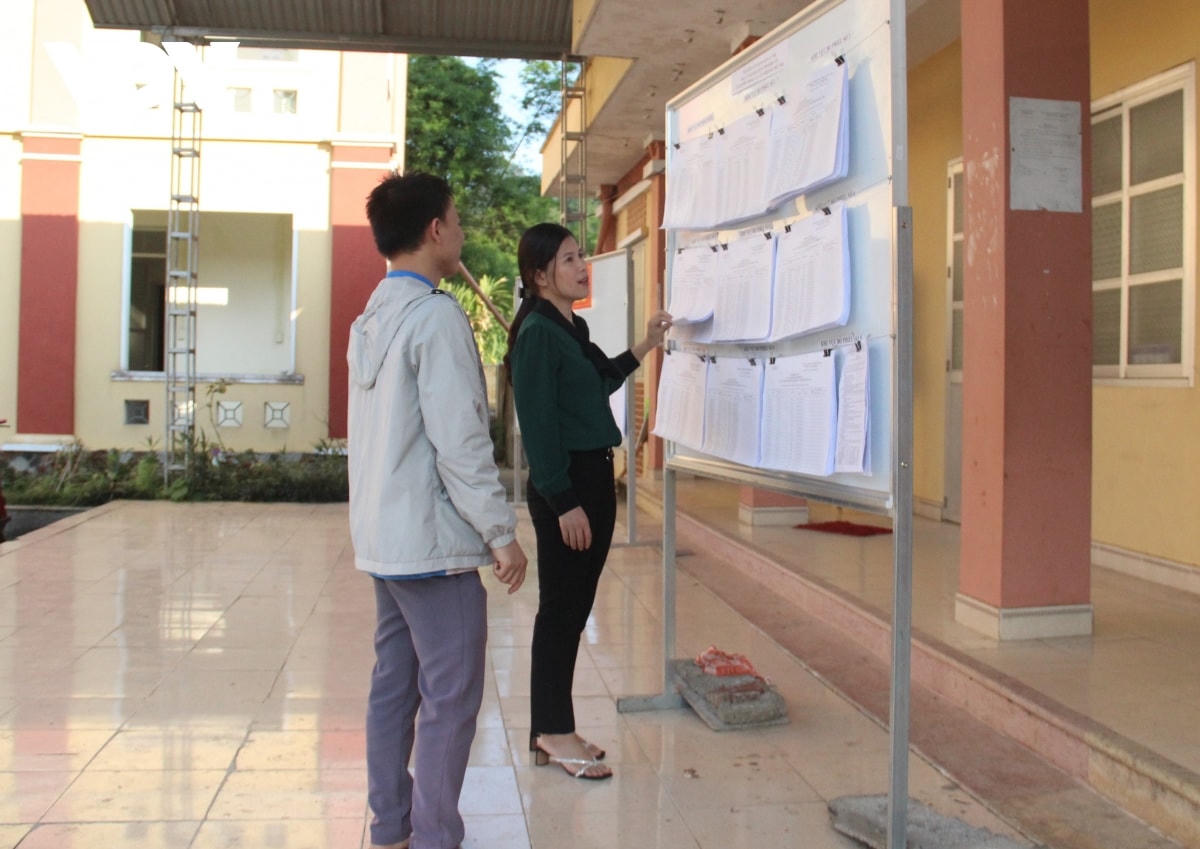 Cán bộ xã Ngọc Đào (huyện Hà Quảng, tỉnh Cao Bằng) kiểm tra niêm yết danh sách cử tri tại các khu vực bỏ phiếu. Ảnh: Công Luận.