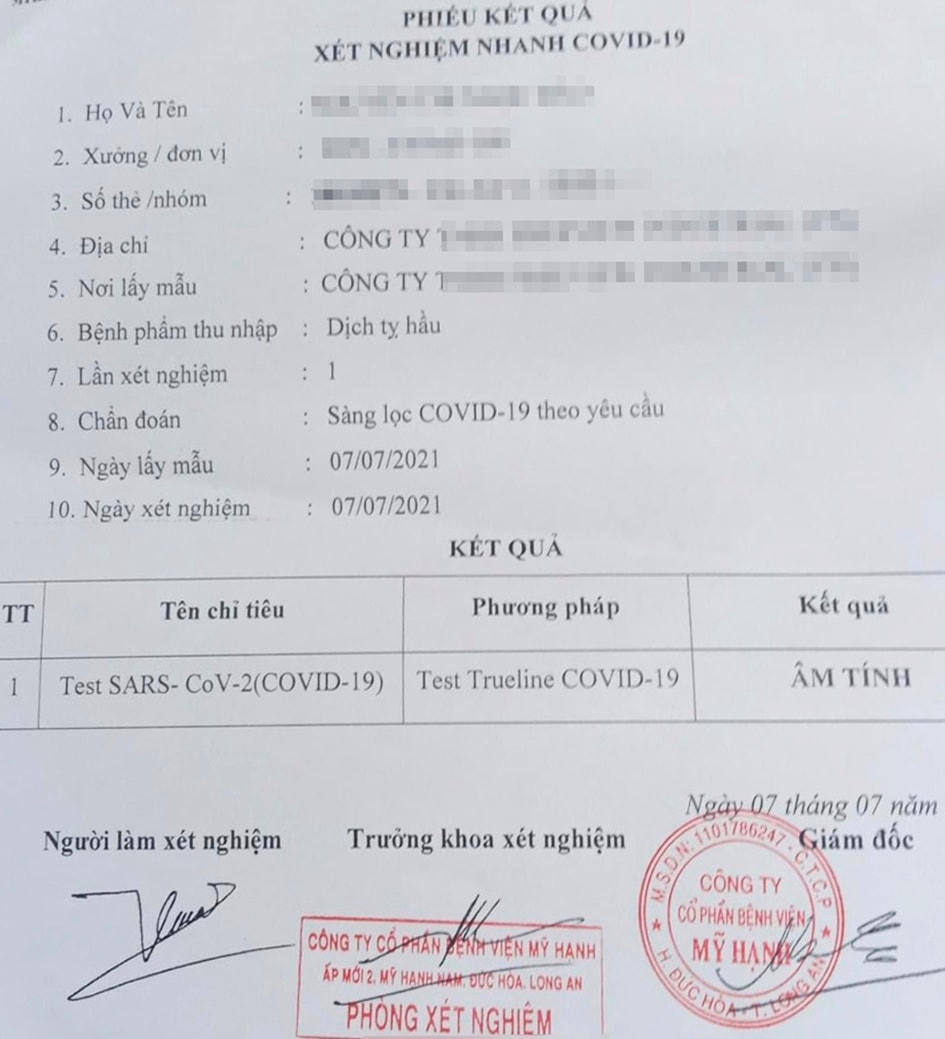 Cơ quan chức năng tỉnh Long An đang khẩn trương làm rõ tính xác thực của “phiếu kết quả xét nghiệm nhanh Covid-19" này.