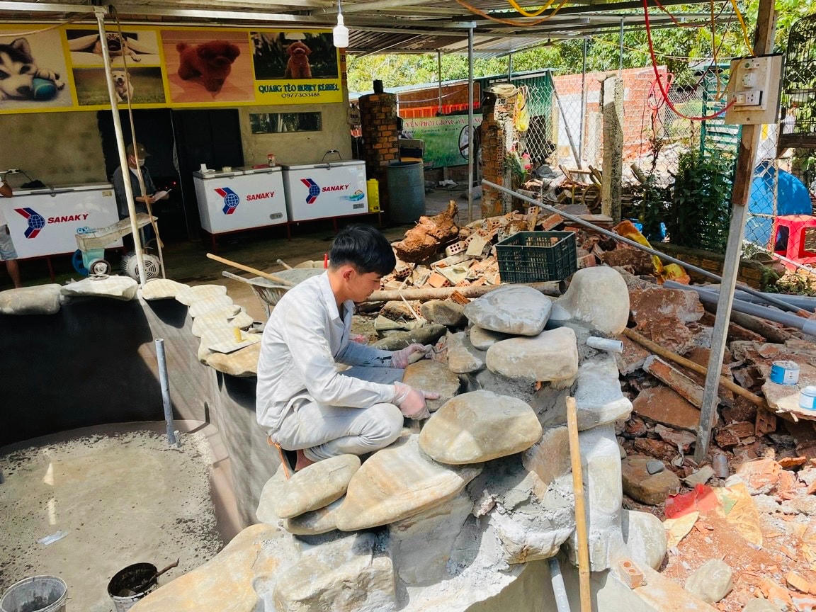 Vừa nuôi cá Koi, Hùng vừa thiết kế xây dựng các hồ, cải tạo sân vườn cho  khách hàng có nhu cầu.