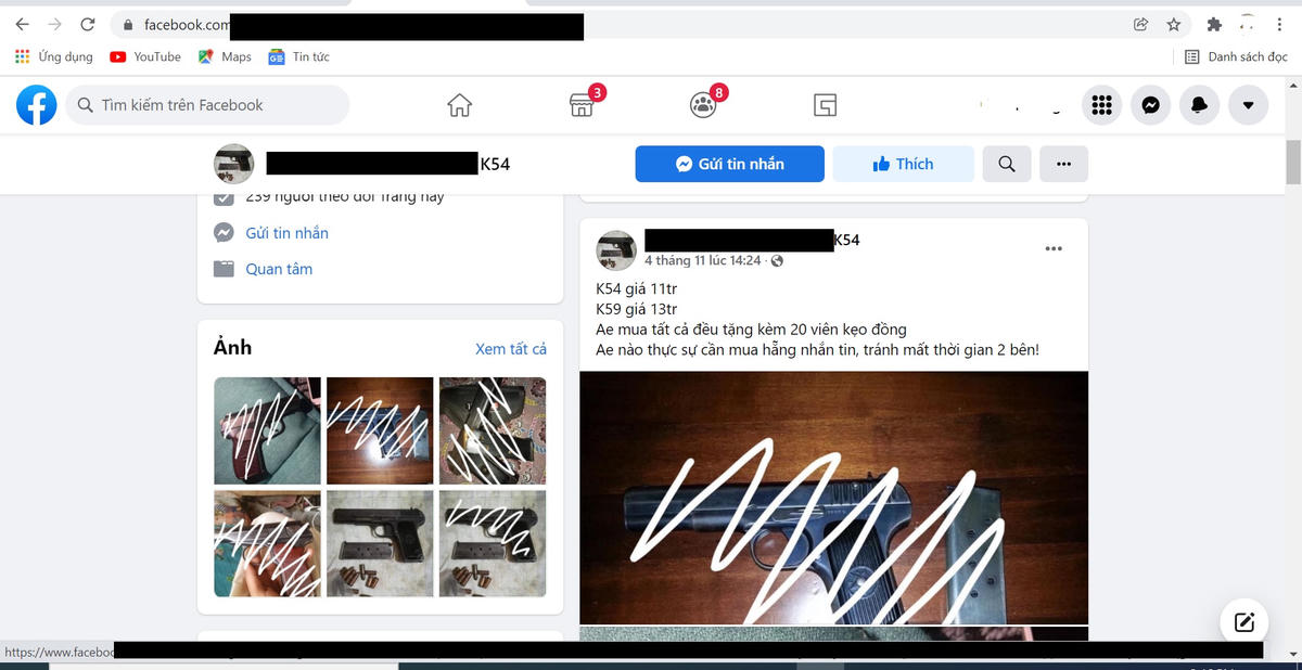 Một số tài khoản Facebook rao bán công khai các loại vũ khí, súng quân dụng.