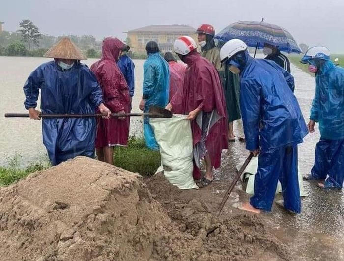 Người dân ở Thừa Thiên - Huế phải dùng bao đựng cát để ngăn nước tràn vào ruộng lúa. Ảnh: Điền Quang.