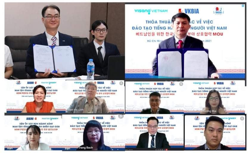 Quang cảnh buổi họp trực tuyến ký kết liên kết đào tạo.