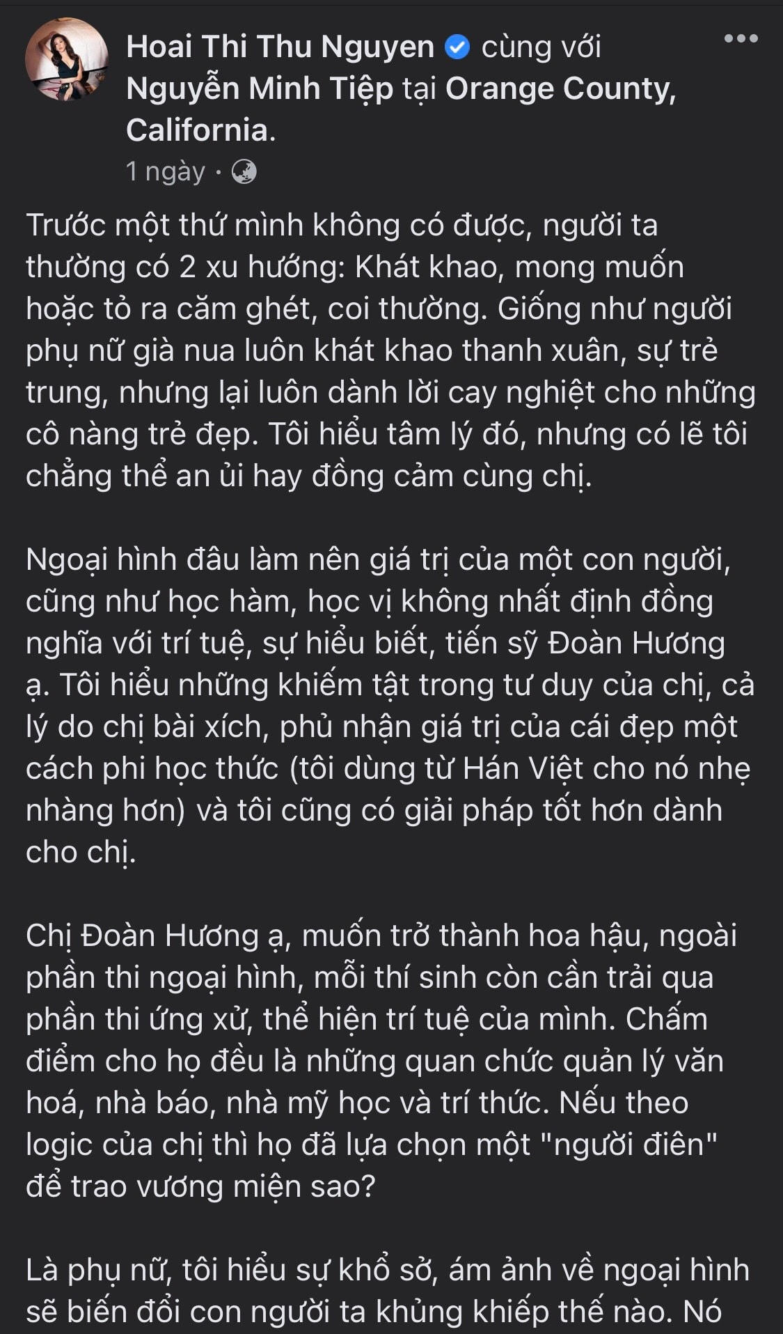 Nguyên văn dòng trạng thái của Thu Hoài, nàng hậu không ngần ngại gọi đích danh tên tiến sĩ Đoàn Hương. Ảnh: CMH