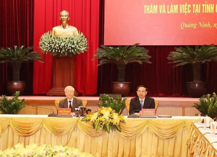 Tổng Bí thư Nguyễn Phú Trọng tại buổi làm việc với Ban Thường vụ Tỉnh ủy và lãnh đạo chủ chốt tỉnh Quảng Ninh. (Ảnh: Trí Dũng/TTXVN).