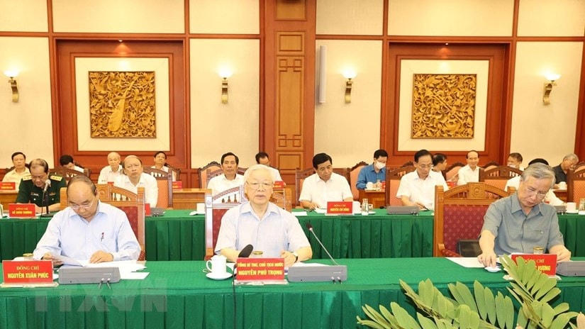 Tổng Bí thư, Chủ tịch nước Nguyễn Phú Trọng, Trưởng Tiểu ban Văn kiện Đại hội XIII của Đảng phát biểu chỉ đạo cuộc họp. Ảnh: TTXVN.