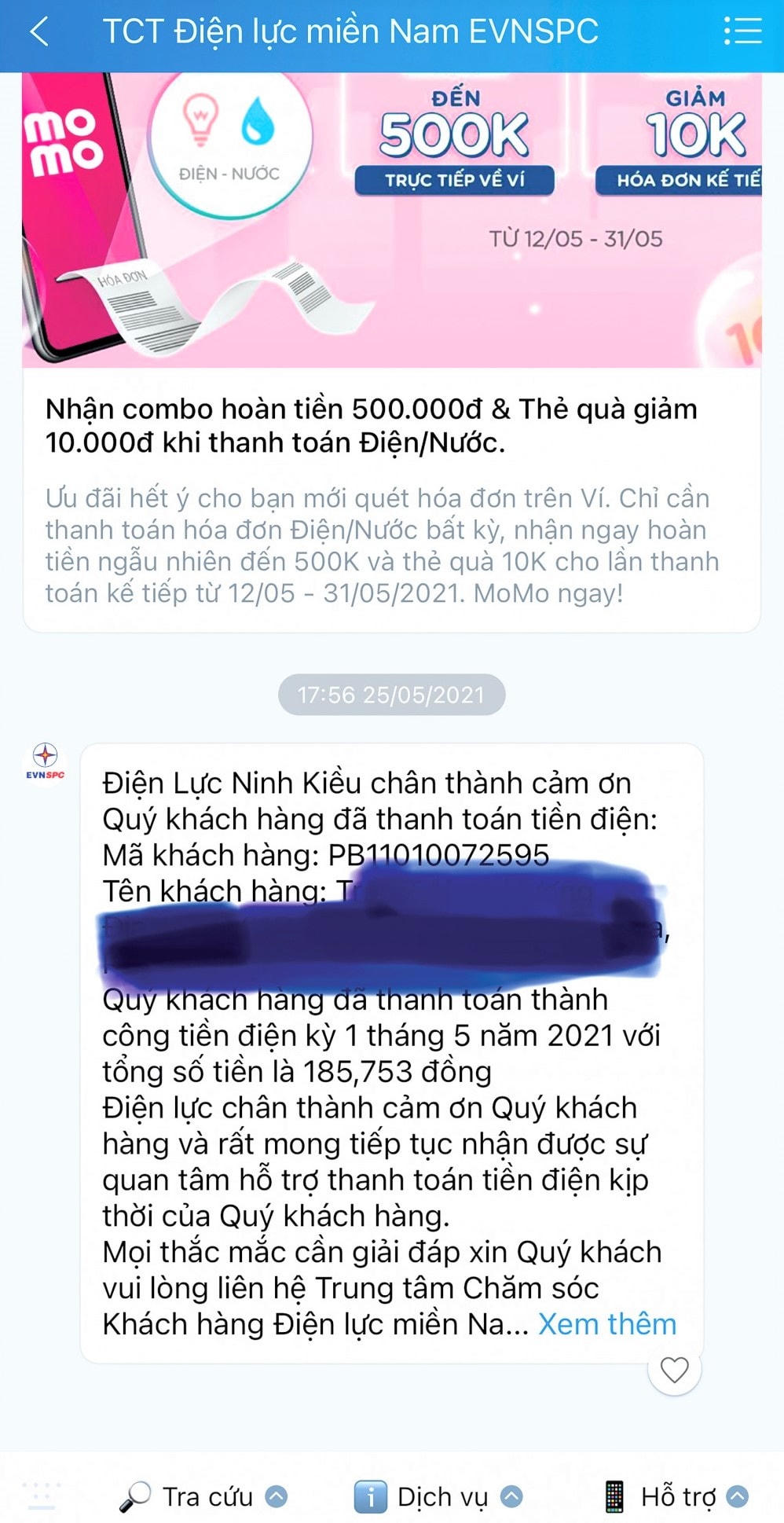 Việc thông báo chỉ số điện năng tiêu thụ, số tiền điện phải thanh toán hằng tháng được gửi bằng tin nhắn rất thuận tiện cho khách hàng (ảnh chụp màn hình tin nhắn thông báo tiền điện qua App Zalo).