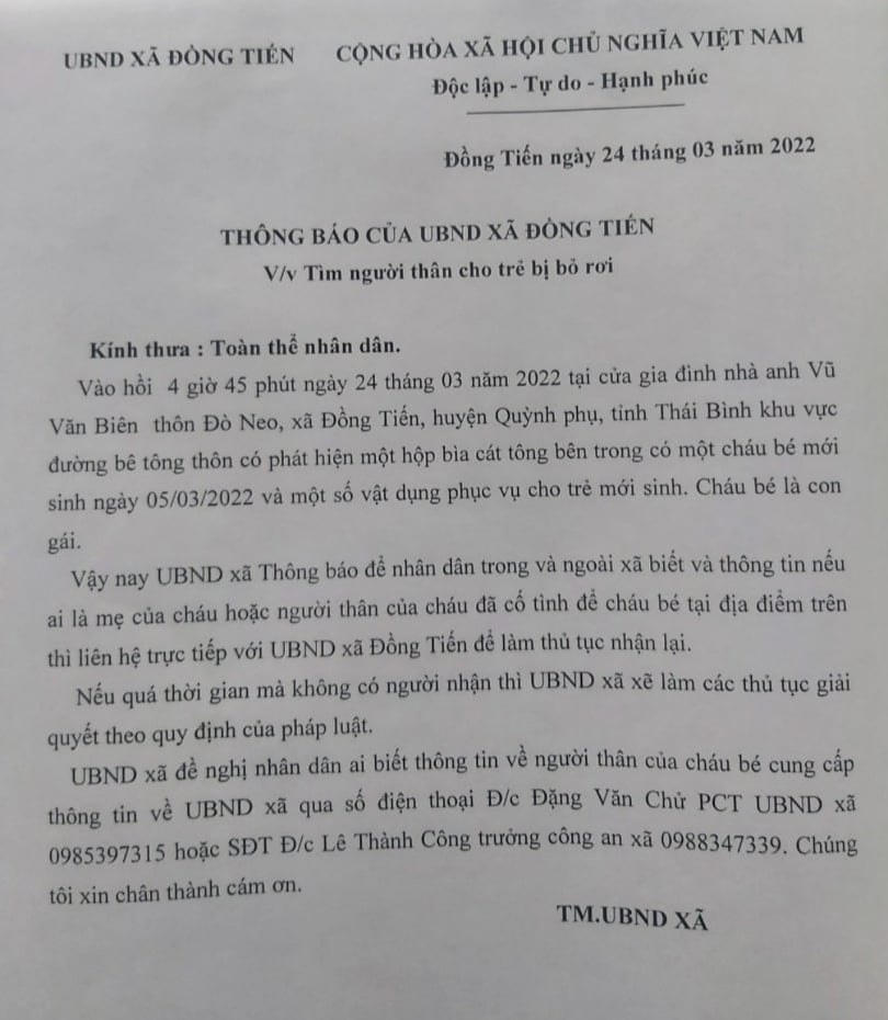 Thông báo tìm người thân của chính quyền xã Đồng Tiến.
