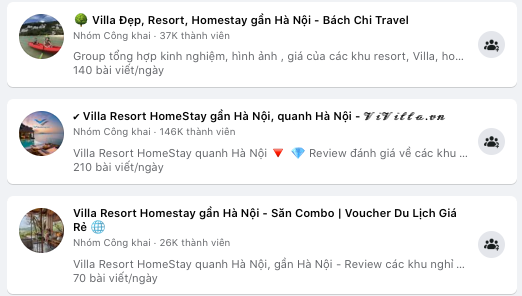 Các nhóm Facebook về biệt thự, homestay ở quanh Hà Nội có rất nhiều lượt bài đăng giới thiệu trong ngày. 