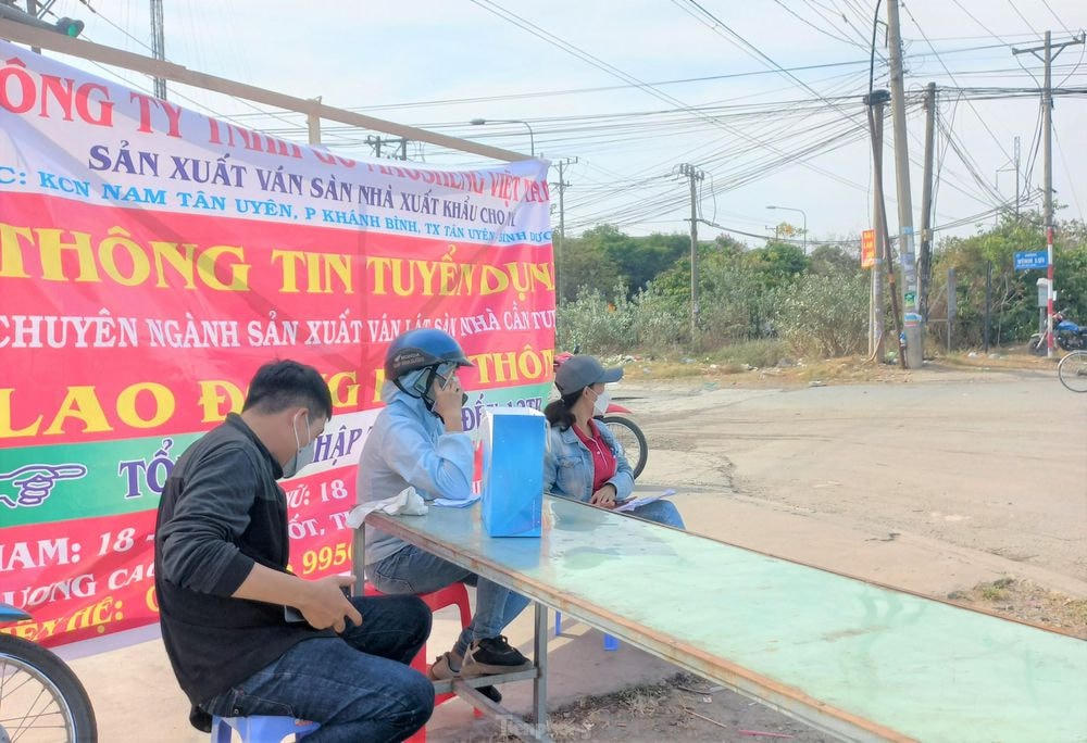 Nhiều doanh nghiệp tại Bình Dương kê bàn ghế ngoài đường để tuyển lao động. Ảnh: Hương Chi