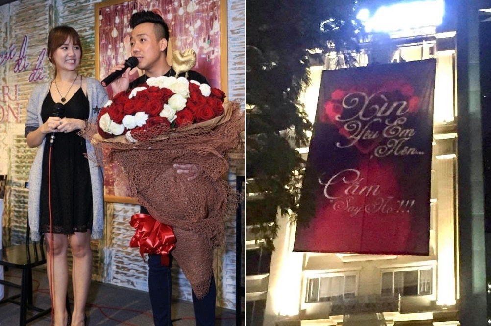 Vừa trở về từ Mỹ sau chuyến lưu diễn, Hari Won được xe đón đến địa điểm cầu hôn là một quán bar trên cao. Nữ ca sĩ gốc Hàn vẫn nghĩ rằng có lịch trình công việc cần giải quyết xong nên không hề nghi ngờ. Trong khi đó, Trấn Thành đã dày công chuẩn bị hoa, đèn LED xếp chữ và nhẫn cầu hôn Hari Won.