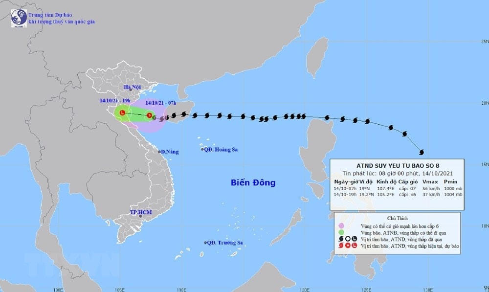 Bản đồ đường đi của bão số 8. (Ảnh: TTXVN phát).
