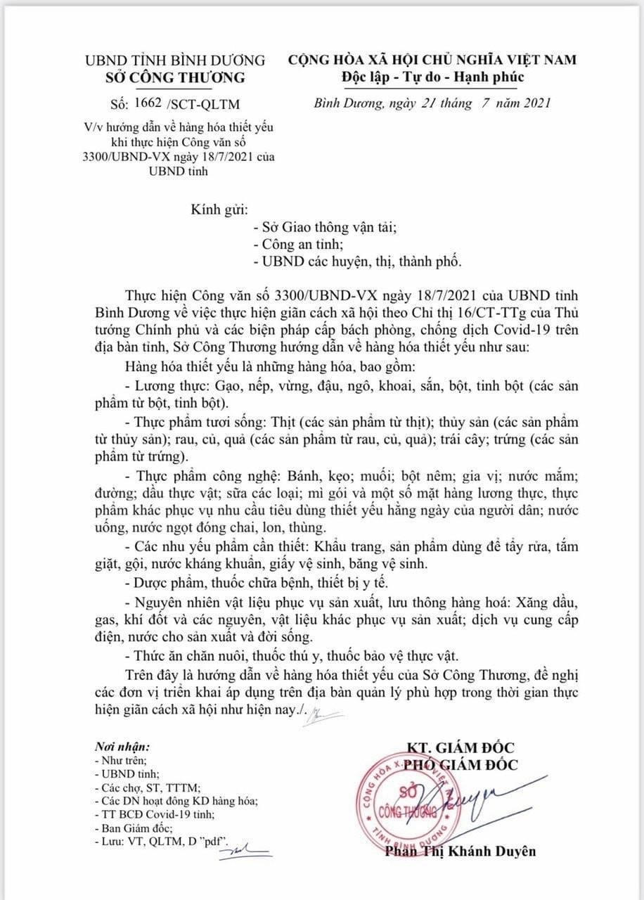 Văn bản của Sở Công Thương tỉnh Bình Dương hướng dẫn về hàng hoá thiết yếu.