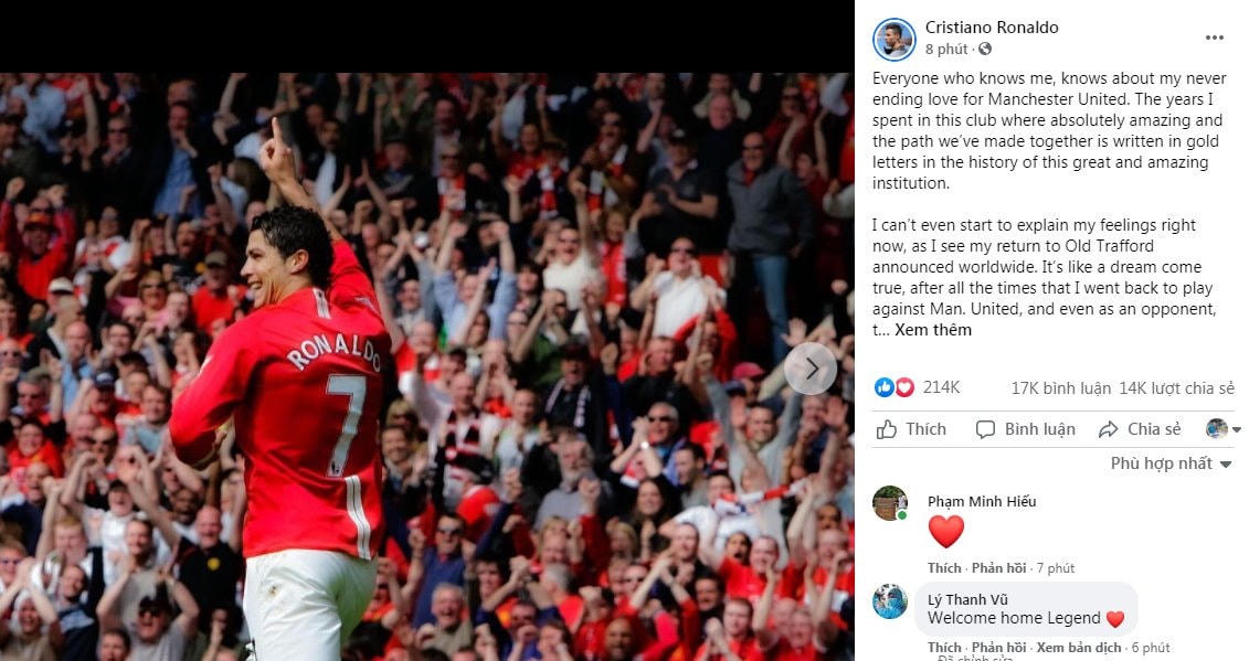 Ronaldo chia sẻ một bức tâm thư vô cùng xúc động trên trang cá nhân.