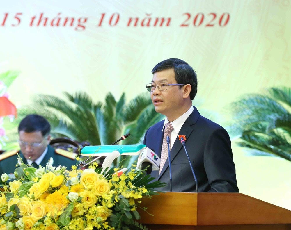 Ông Nguyễn Văn Sơn, Phó Bí thư Tỉnh ủy, Chủ tịch UBND tỉnh Tuyên Quang phát biểu tại Đại hội. (Ảnh: Phương Hoa/TTXVN).