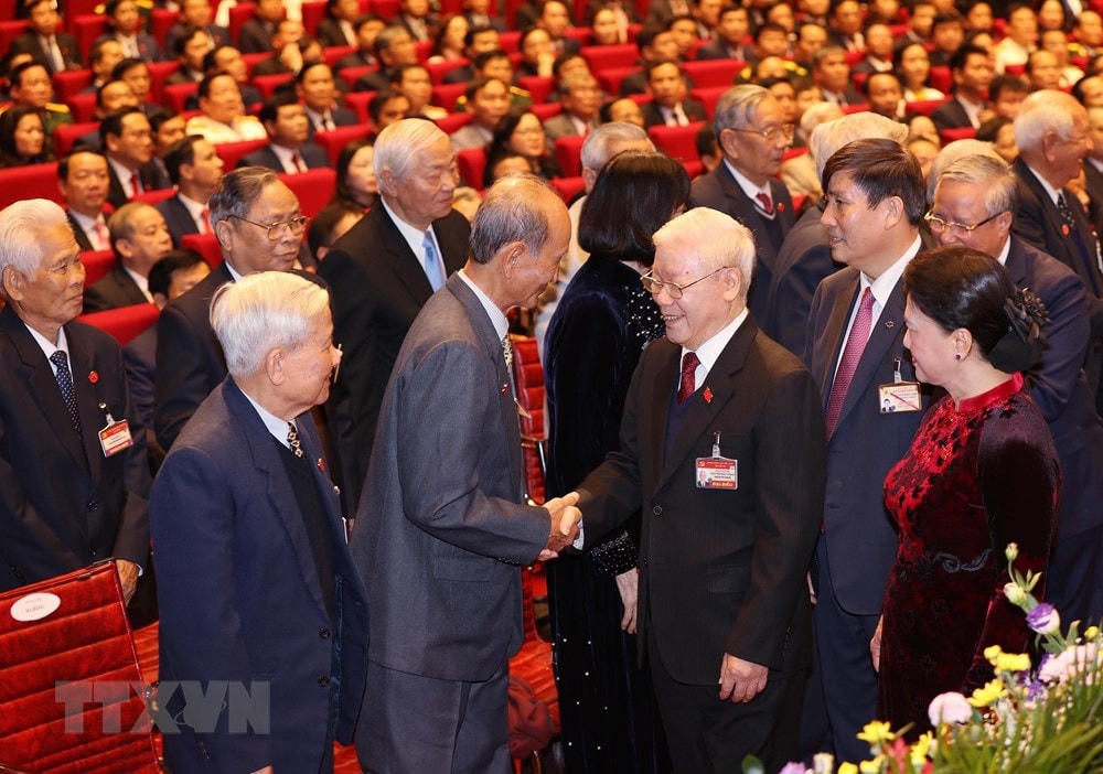 Tổng Bí thư, Chủ tịch nước Nguyễn Phú Trọng và Ủy viên Bộ Chính trị, Chủ tịch Quốc hội Nguyễn Thị Kim Ngân dự phiên khai mạc Đại hội. Ảnh: TTXVN.  