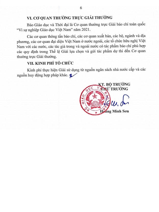 Thể lệ Giải báo chí toàn quốc “Vì sự nghiệp Giáo dục Việt Nam” năm 2021