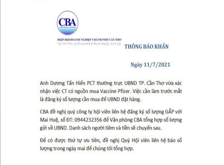 Văn bản lan truyền trên mạng xã hội về thông tin một số tổ chức, doanh nghiệp trên địa bàn ra thông báo tiếp nhận đăng ký tiêm vaccine Covid-19 dịch vụ. Ảnh chụp màn hình.
