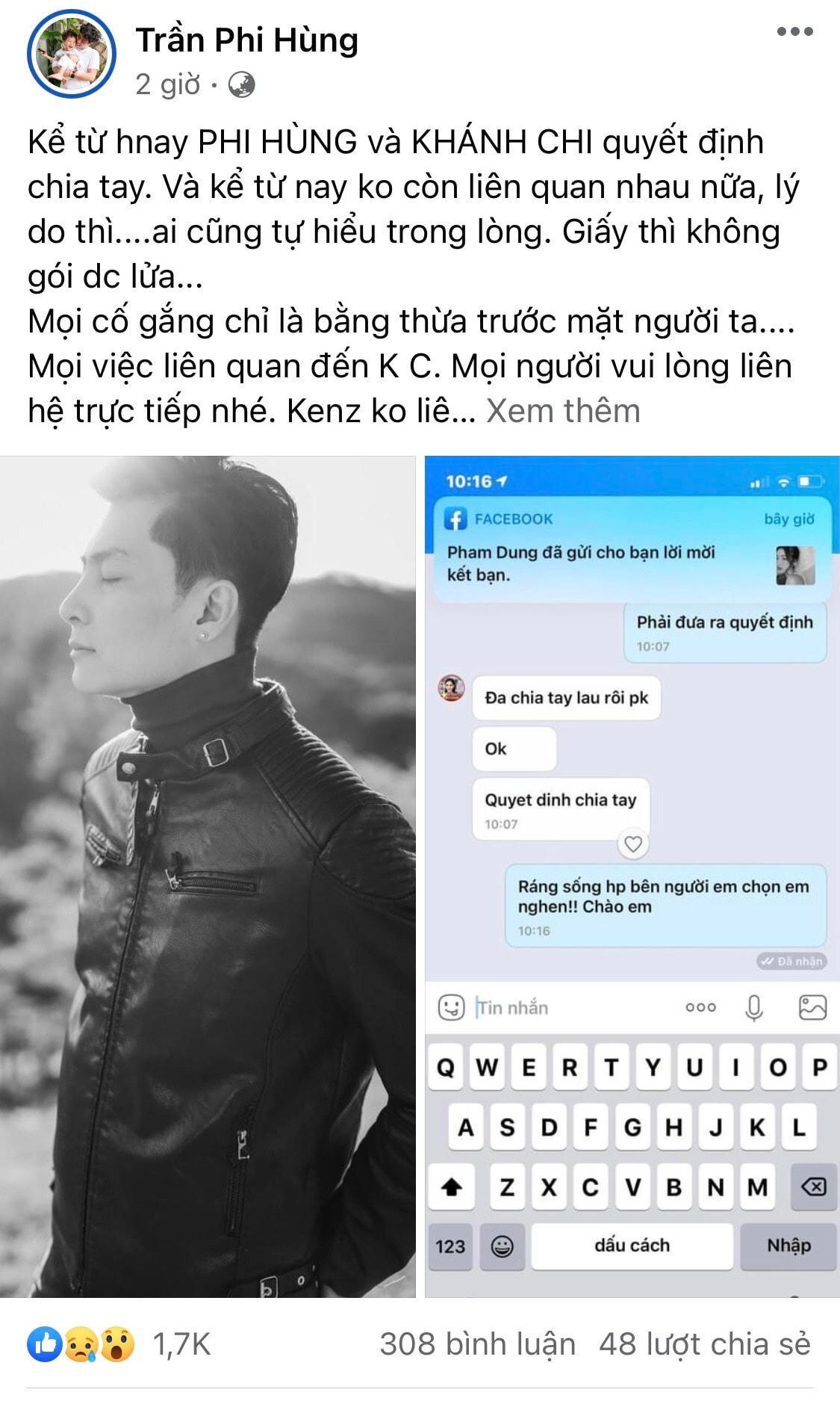Chồng trẻ đăng trạng thái xác nhận ly hôn Lâm Khánh Chi. Ảnh: CMH. 