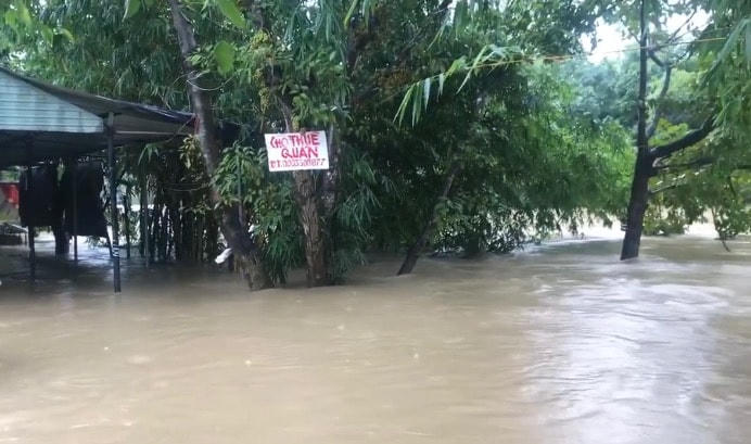 Nước dâng cao gây ngập úng cục bộ khu vực ven sông Hà Thanh tại phường Nhơn Phú, thành phố Quy Nhơn.