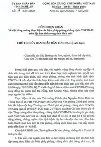 Công điện khẩn của UBND tỉnh Nghệ An về kết quả rà soát các trường hợp về từ  Đà Nẵng, Quảng Ngãi.
