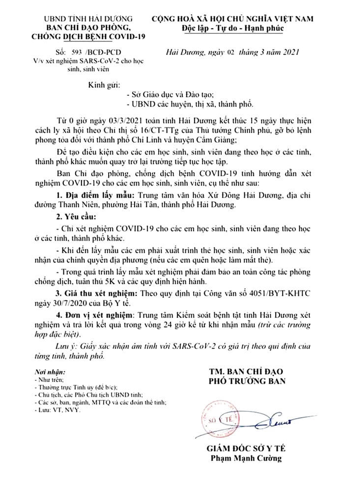 Thông báo xét nghiệm SARS-CoV-2 cho học sinh, sinh viên.