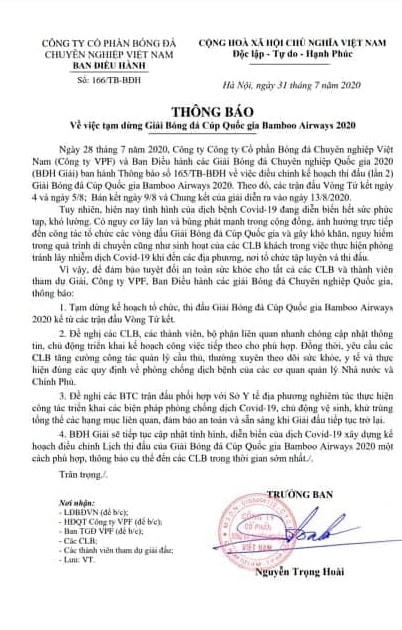 Thông báo của VPF về hoãn Cup quốc gia