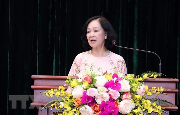 Bà Trương Thị Mai, Ủy viên Bộ Chính trị, Bí thư Trung ương Đảng, Trưởng Ban Tổ chức Trung ương phát biểu tại Hội nghị. Ảnh: Anh Tuấn/TTXVN.
