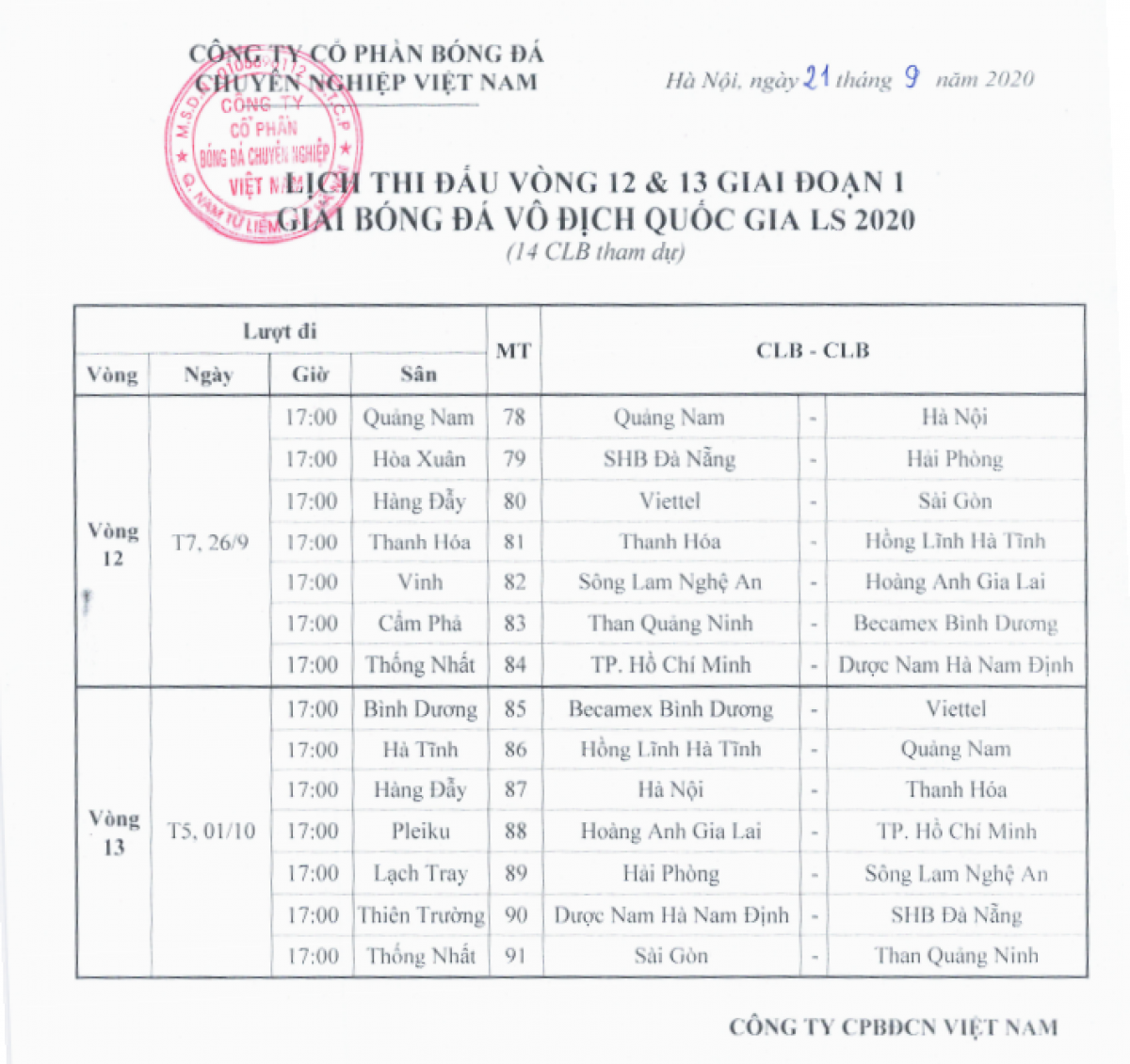 V-League 2020 chính thức trở lại vào ngày 26/9
