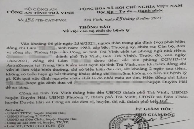 Công an Trà Vinh thông tin trường hợp thượng úy tử vong tại nhà riêng