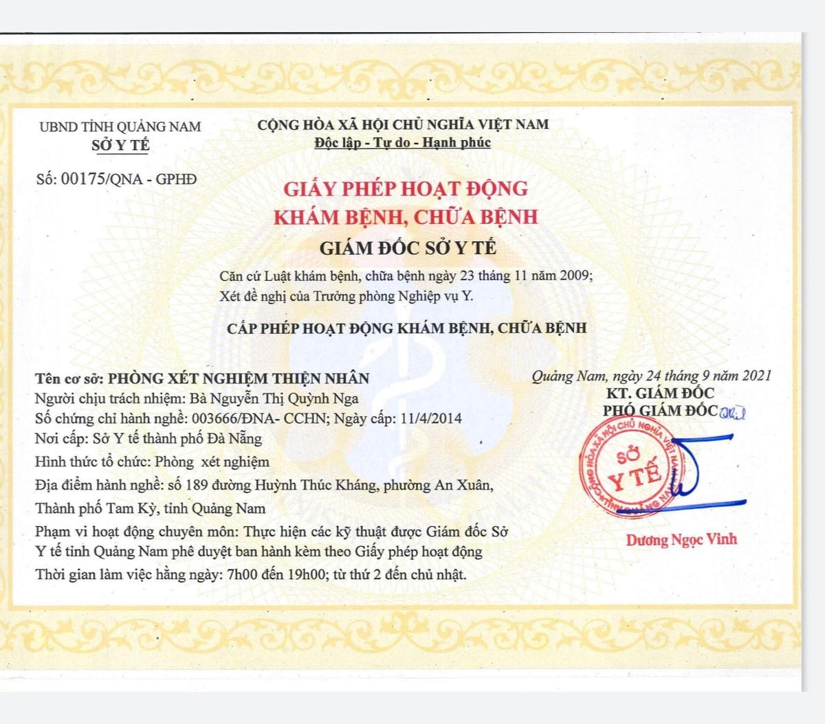Giấy phép hoạt động của Công ty CP Bệnh viện Thiện Nhân Đà Nẵng tại Quảng Nam.
