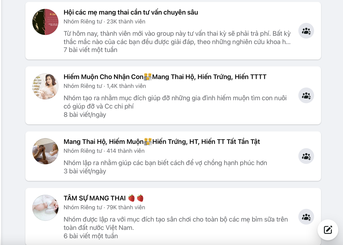 Các nhóm mang tìm người mang thai hộ xuất hiện tràn lan trên facebook.