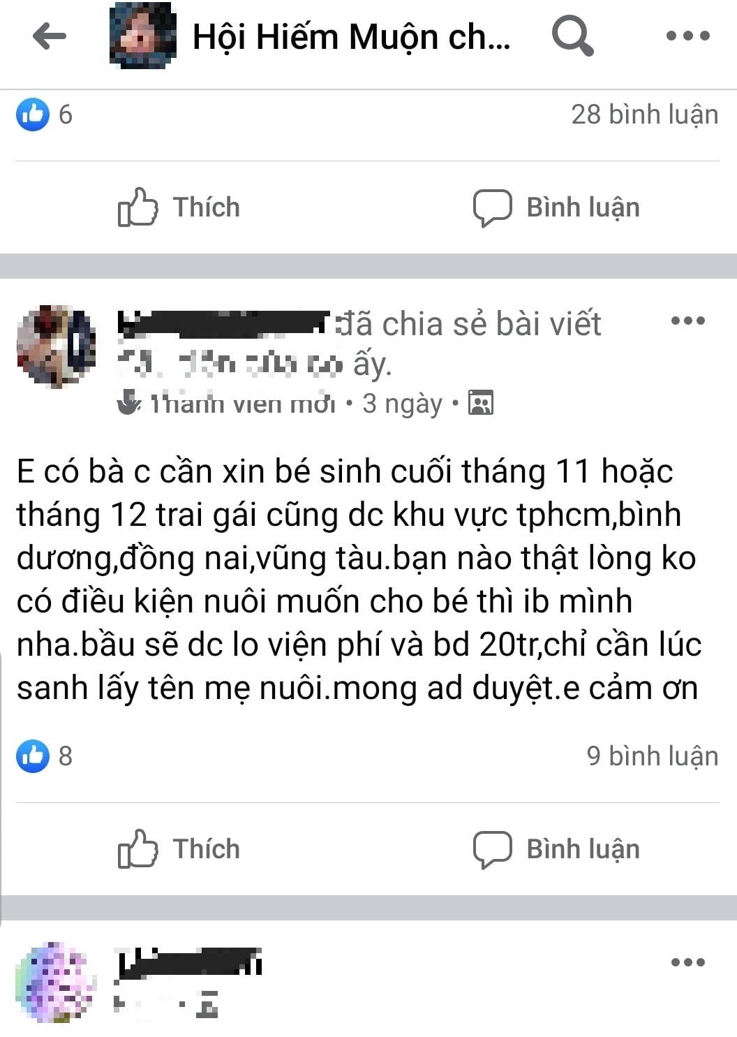 Liên tục các bài đăng liên quan đến việc xin và cho con nuôi trong những hội nhóm hiếm muộn.