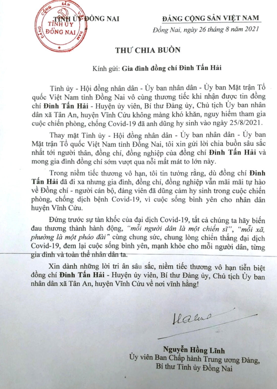 Thư chia buồn của Bí thư Tỉnh ủy Đồng Nai gửi đến thân nhân gia đình chủ tịch xã Tân An. 