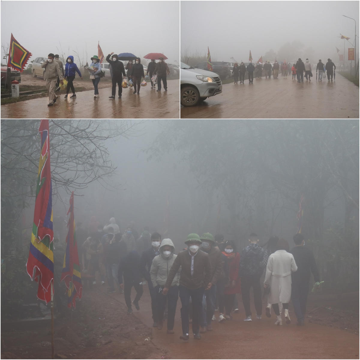 Trong màn sương trắng xoá, hàng nghìn du khách vẫn tìm về đền Nưa - Am Tiêm để hành hương, tế lễ trong ngày "mở cổng trời" (mùng 9 Tết âm lịch).