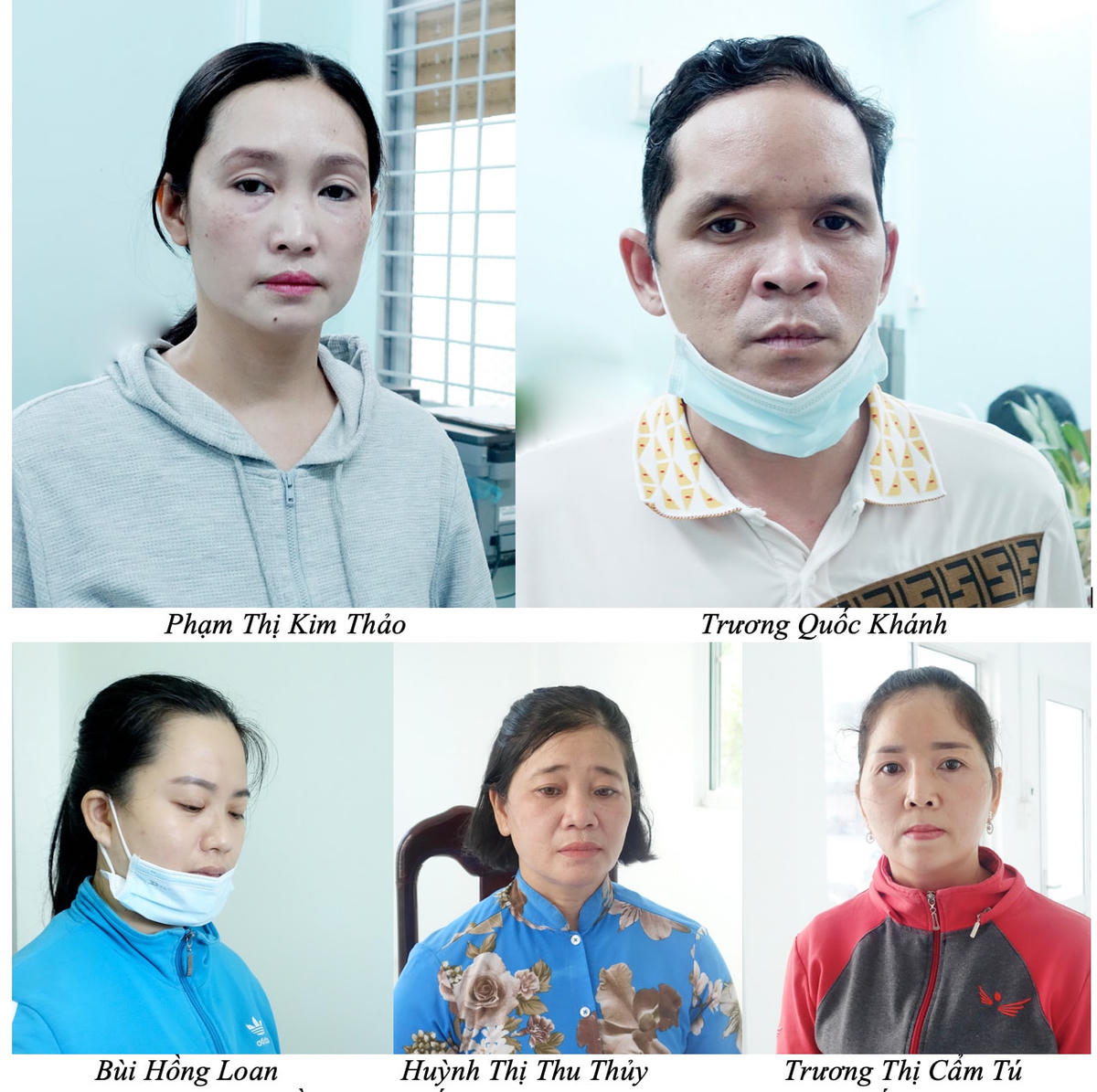 Các đối tượng Thảo, Khánh, Loan, Thuỷ, Tú tại cơ quan Công an.
