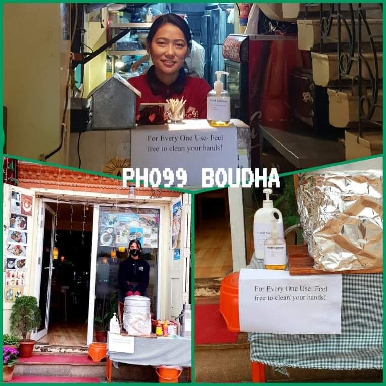 Nước sát khuẩn do chị Võ Thị Kim Cương tự pha chế đặt tại cửa hàng phở 99 và tặng cho những bà con người Việt có nhu cầu.