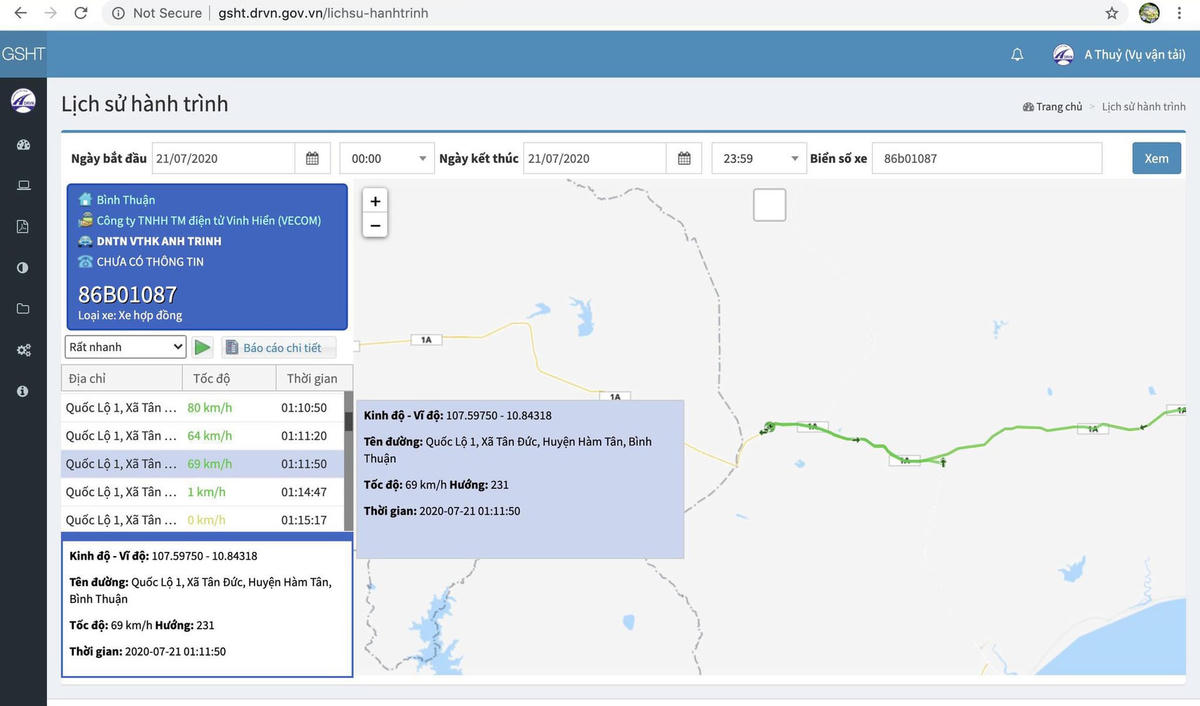 Dữ liệu thiết bị giám sát hành trình cho thấy trong vòng 1 phút xe khách 16 chỗ đã giảm tốc độ từ 80 xuống 69km/h- Nguồn: Tổng cục Đường bộ Việt Nam.