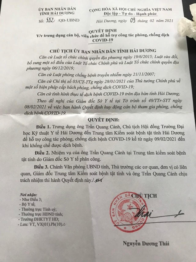 Quyết định về việc trưng dụng TS Trần Quang Cảnh để hỗ trợ công tác phòng chống dịch.