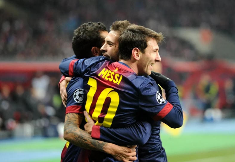 Messi ăn mừng bàn thắng trong trận đấu giữa Barcelona với Spartak của Nga tại giải vô địch UEFA 2012-2013.