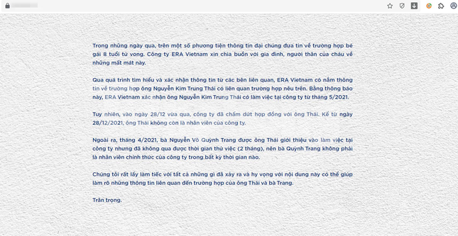 Thông báo chính thức từ phía Công ty ERA Vietnam.