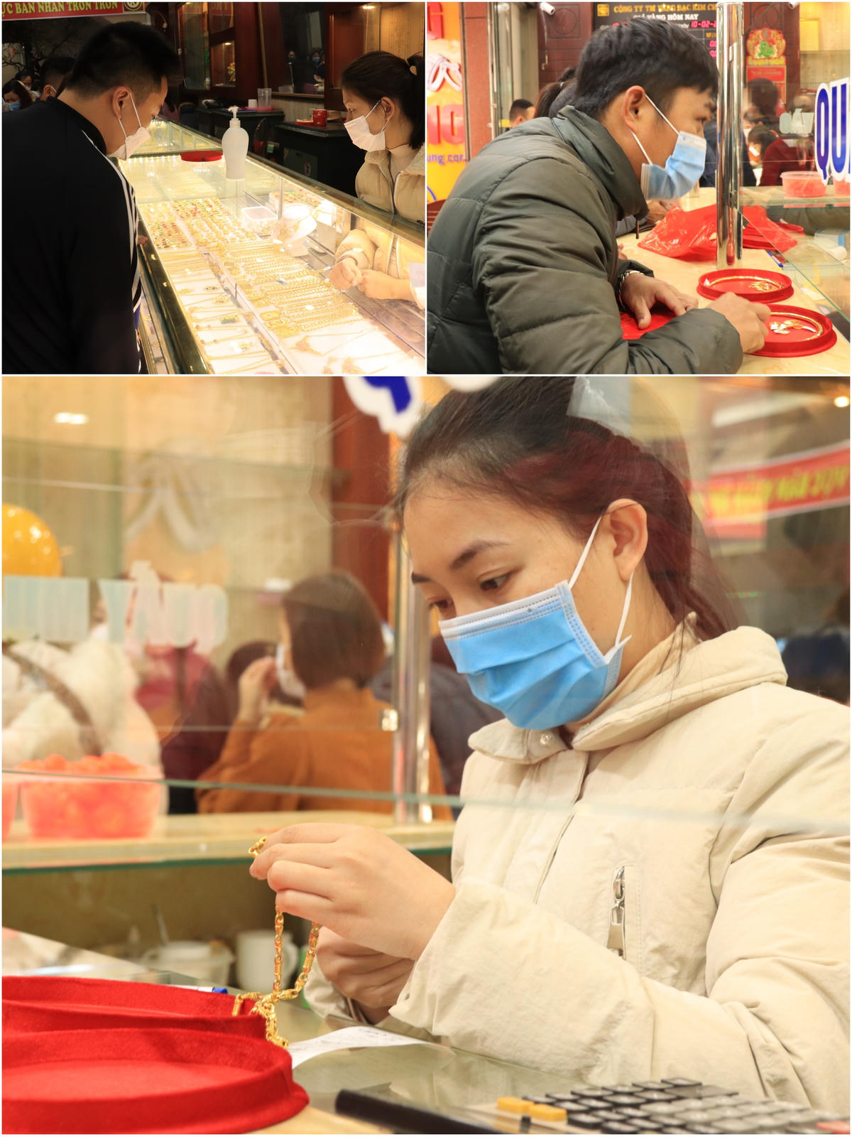 Trong ngày vía Thần Tài, cũng có rất đông người dân mang kiềng vàng, nhẫn vàng, dây chuyền vàng... đến các cửa tiệm để bán.