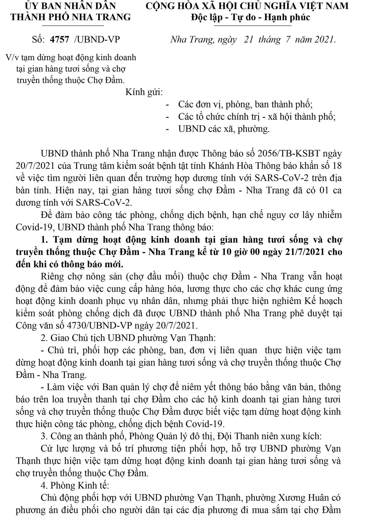 Khánh Hòa: Tạm dừng kinh doanh hàng tươi sống tại Chợ Đầm 