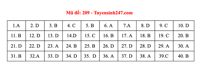 Đáp án tham khảo đề thi Vật lý mã đề 209.